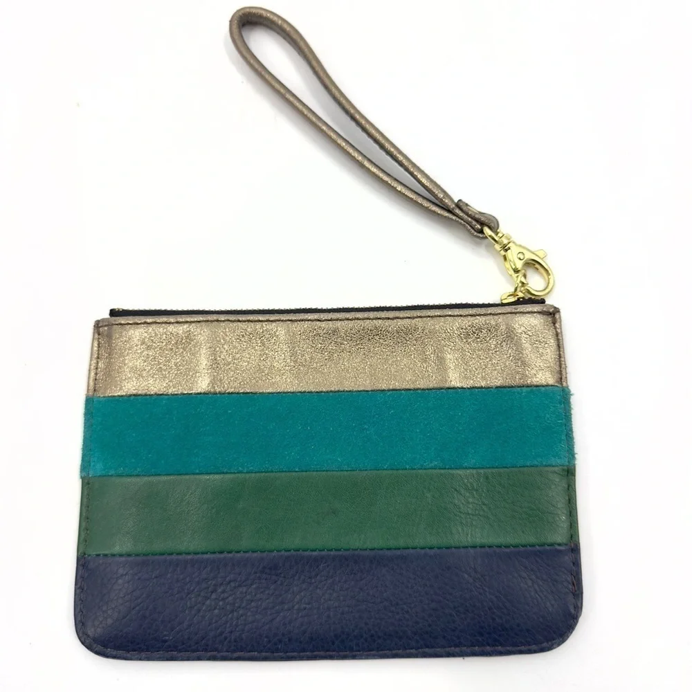 Fossil Leather Striped Wristlet Pouchette Wallet Bag Metallic Zip Pouch Clutch